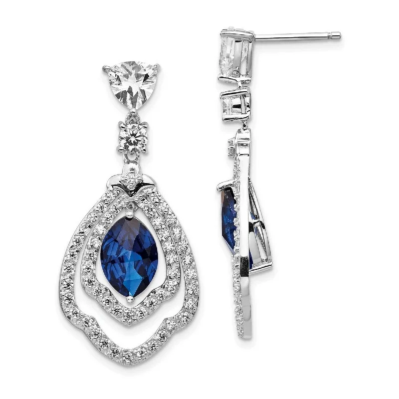 Drop Earrings for Party Look -Curata 925 Sterling Silver Marquise Synth Sapphire and CZ Cubic Zirconia Dangle Post Earrings - 34x16mm