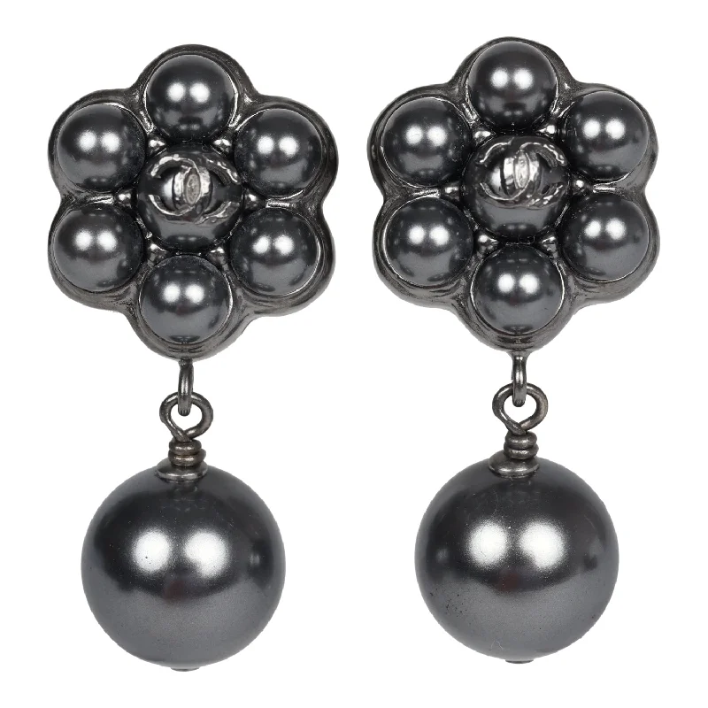 Drop Earrings for Prom Night -Chanel Flower Pearl Cluster Dangle Earrings Dark Grey Ruthenium Hardware