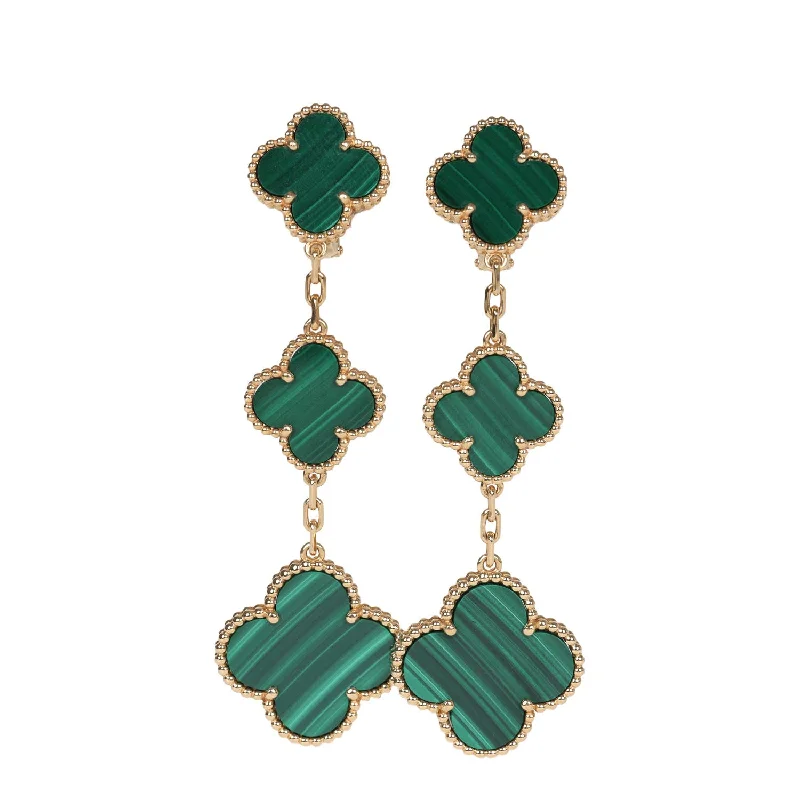 Bohemian Drop Earrings with Tassels -Van Cleef & Arpels Magic Alhambra 3 Motif Earrings Malachite 18K Yellow Gold Hardware