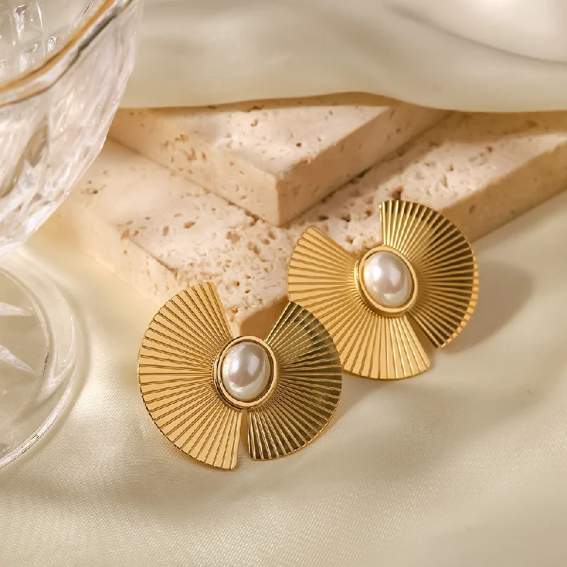 Adjustable Drop Earrings for Custom Fit -18k Gold Plated Oval Pearl Scalloped Punk Earrings