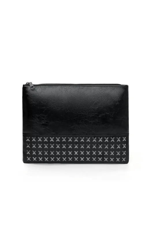 Handle bags with padded straps for comfort -Cross Studded Faux Leather Clutch In Black