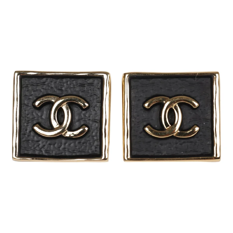 Drop Earrings for Beach Outfit -Chanel CC Logo Square Earrings Black Gold Metal