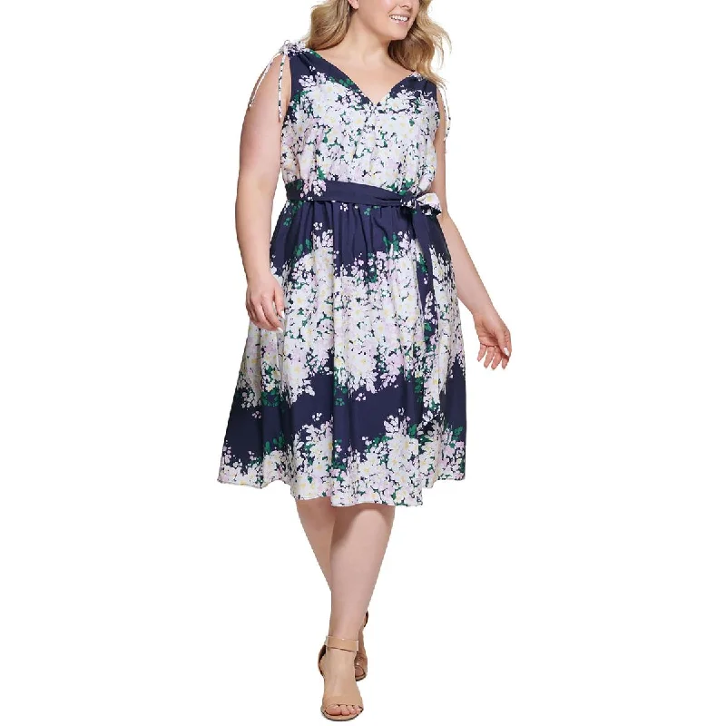 Long-sleeved Dresses for Coverage -Vince Camuto Womens Plus Floral Print Midi Fit & Flare Dress