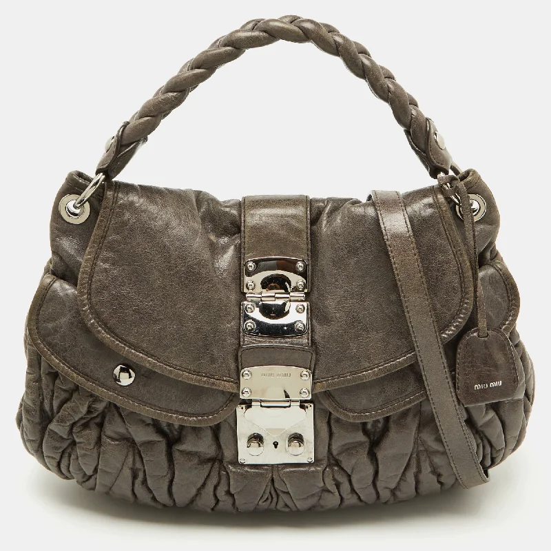 Handle bags with playful patterns for fun -Miu Miu Grey Matelassé Lux Leather Coffer Hobo