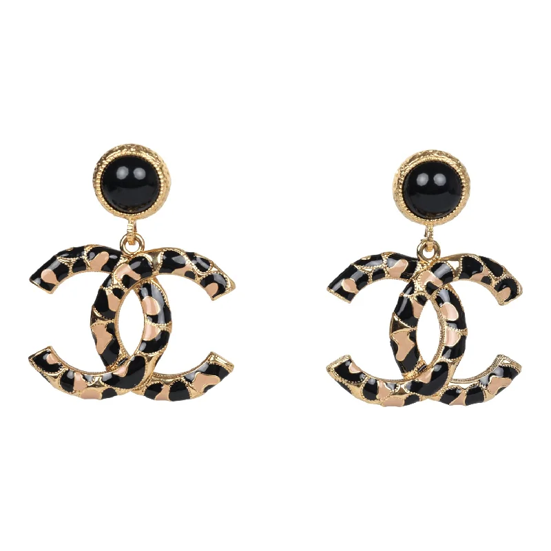 Screw Back Drop Earrings for Security -Chanel Large Leopard Print CC Dangle Earrings Black and Brown Enamel Gold Hardware