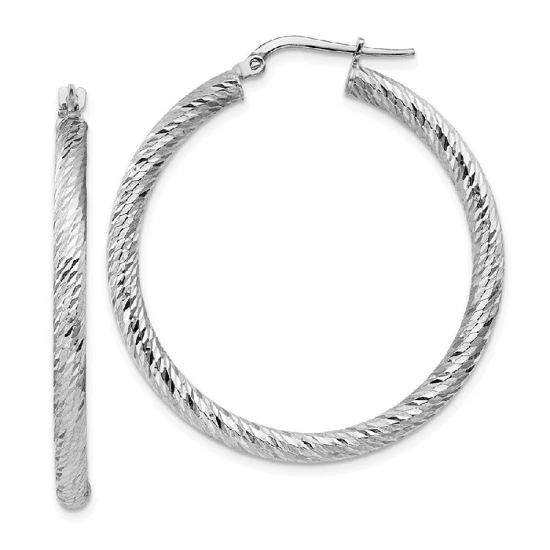 Best hoop earrings with enamel details for a colorful and modern look-14k 3x30mm White Gold Diamond-cut Round Hoop Earrings (L-39.5 mm, W-37.25 mm)