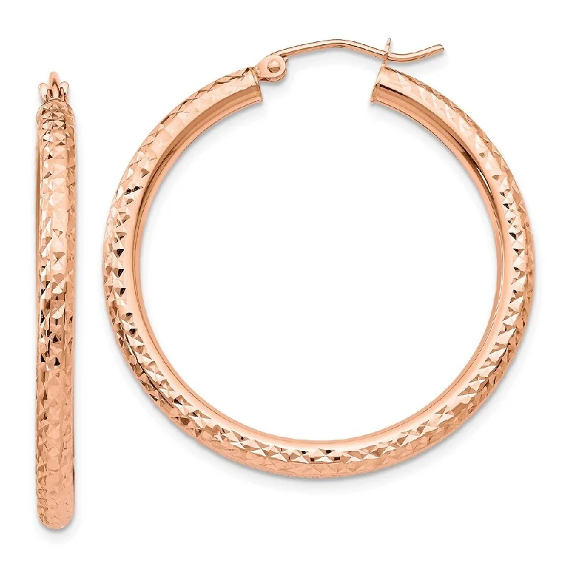 Best hoop earrings with minimal embellishments for a sleek and modern look-14k Rose Gold Diamond-cut Round Hoop Earrings (L-35 mm, W-3 mm)