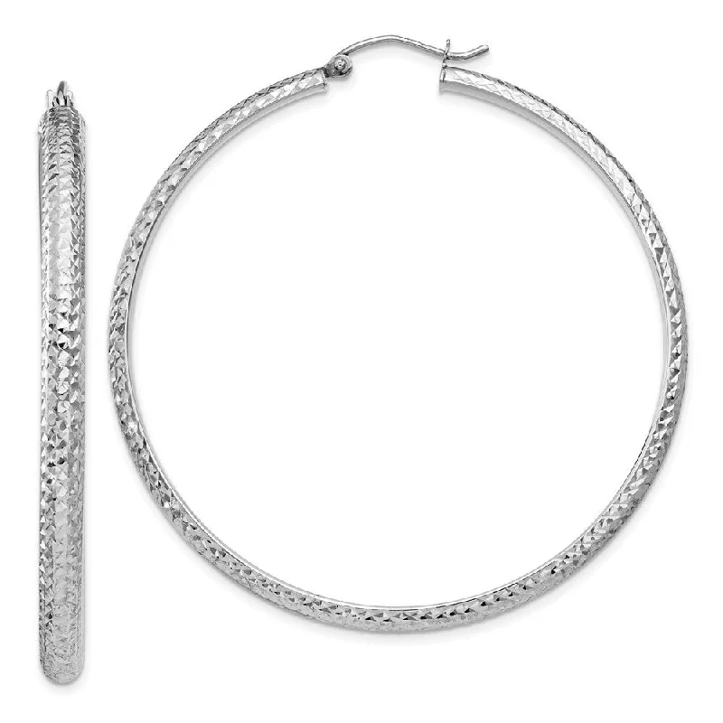 Hoop earrings with textured gold for a refined and sophisticated aesthetic-14k White Gold Diamond-cut Hollow Hoop Earrings (L-52 mm, W-3.5 mm)