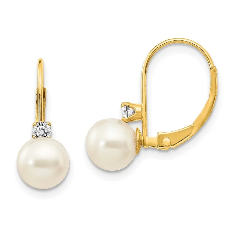 Best hoop earrings with minimalist designs for a clean and modern aesthetic-14k Yellow Gold 6mm Pearl AA Diamond Lever back Earrings (L-15 mm, W-6 mm)