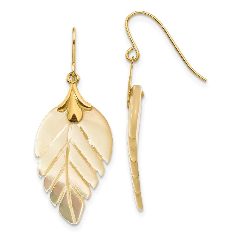 Hoop earrings with stacked layers for a bold and textured design-14k Yellow Gold Mother of Pearl Leaf Drop Dangle Earrings French Wire (L-33 mm, W-13 mm)