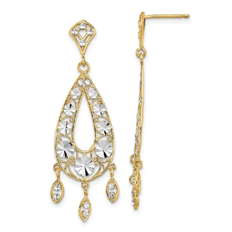 Best hoop earrings with marbled designs for a trendy and artistic effect-14k Yellow Gold Rhodium-Plates Diamond Cut Chandelier Oval Dangle Earrings (L-44.2 mm, W-44.2 mm)