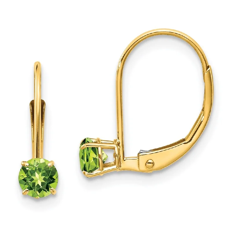 Hoop earrings with snake print designs for an edgy, wild appearance-14k Yellow Gold Round August Peridot Dangle Earrings w/ Leverback (L-13 mm, W-4 mm)