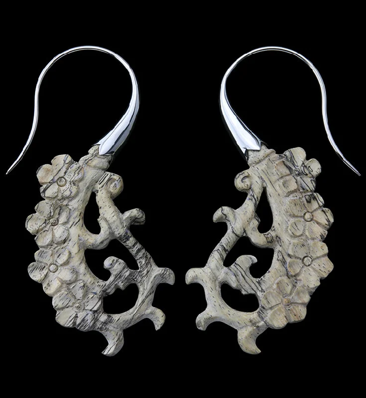 Hoop earrings with twisted metal designs for a dynamic and modern style-18G Floral White Brass Tamarind Wood Hangers / Earrings