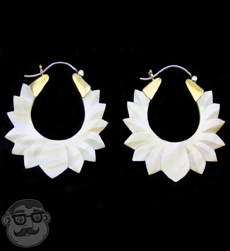 Hoop earrings with a chunky design for a bold and trendy statement-18G Lotus Mother of Pearl Hoop Earrings