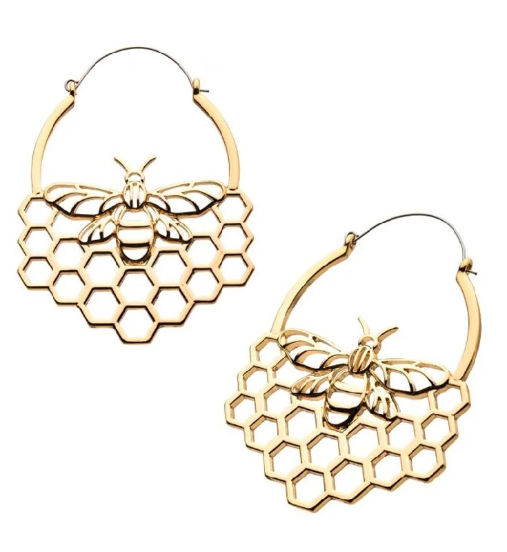 Best hoop earrings with butterfly motifs for a playful and whimsical appearance-20G Golden Bumblebee Honeycomb Plug Hoops