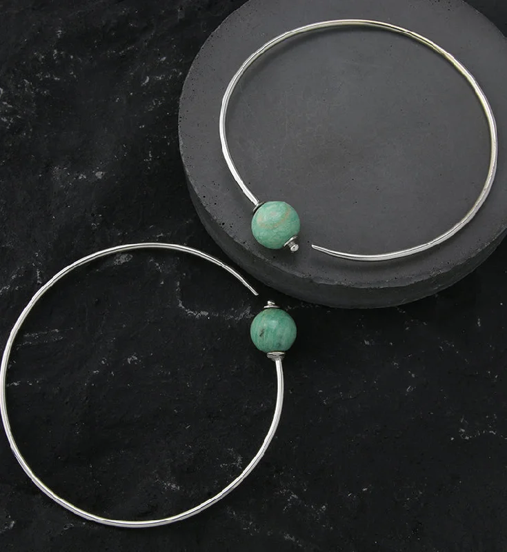 Best hoop earrings with minimal embellishments for a sleek and modern look-Amazonite Stone Orb White Brass Hangers / Plug Hoops