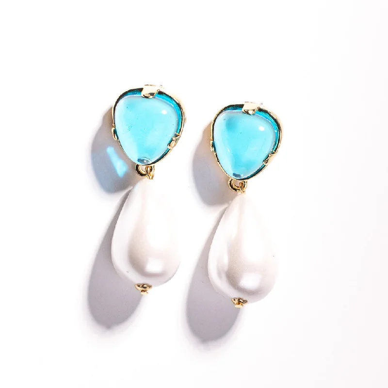 Best hoop earrings with smooth ceramic finishes for a polished, clean style-Aqua Top and Pearl Drop Pierced Earring