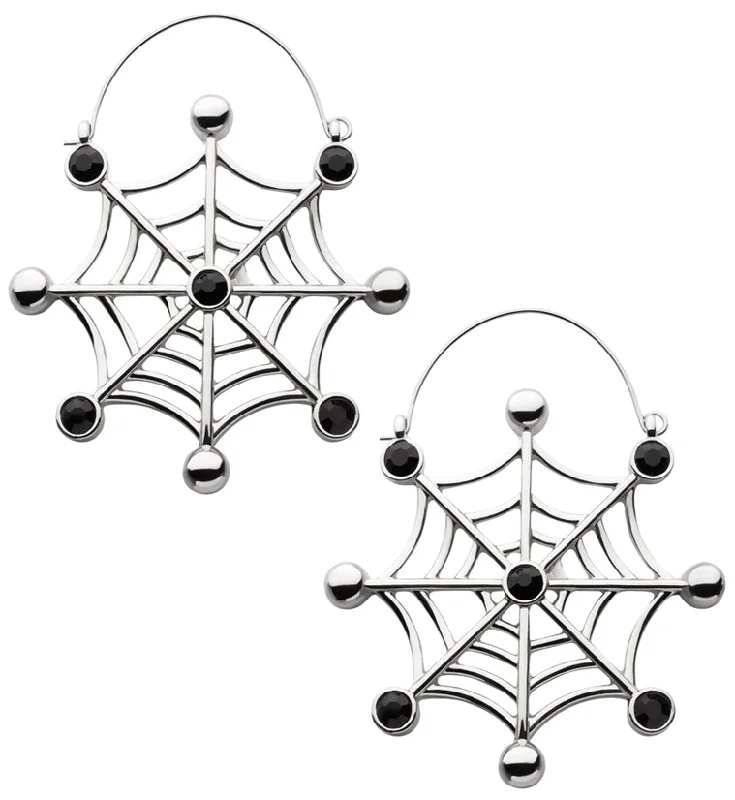 Best hoop earrings with custom engravings for a personalized and meaningful gift-Black Crystal Spiderweb Stainless Steel Plug Hoops