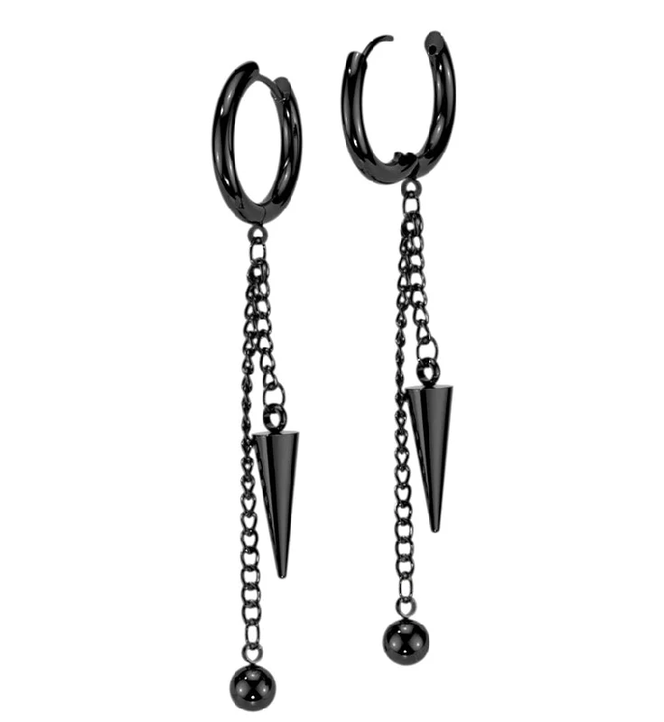 Hoop earrings with removable pendants for a versatile and customizable accessory-Black PVD Ball Cone Dangle Stainless Steel Hoop Earrings