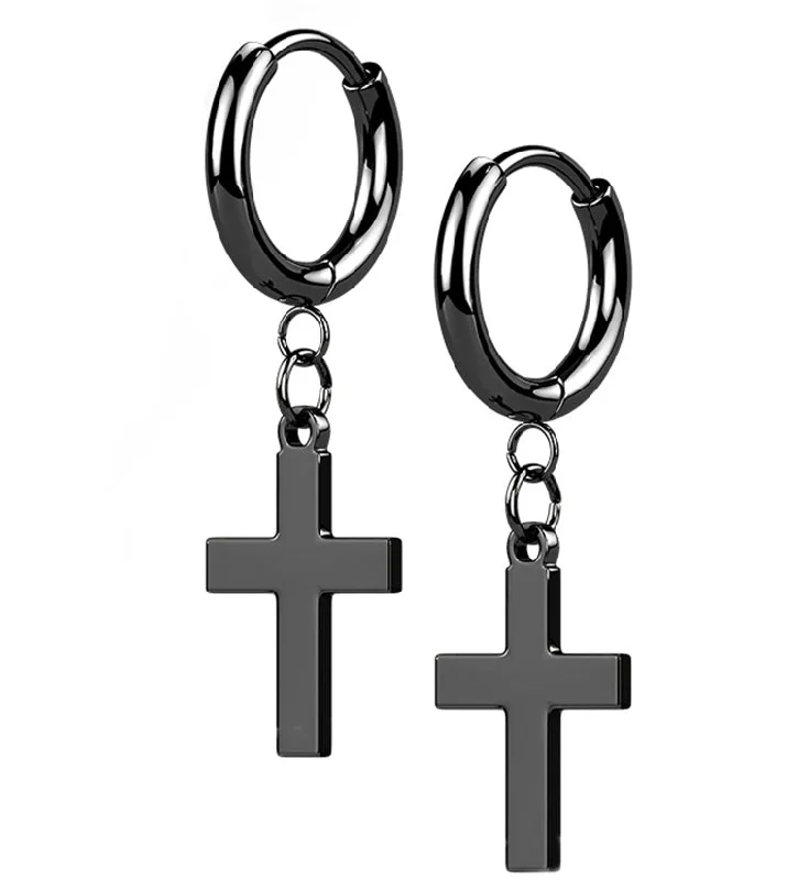 Hoop earrings with satin finishes for a smooth and elegant appearance-Black PVD Cross Stainless Steel Hinged Earrings