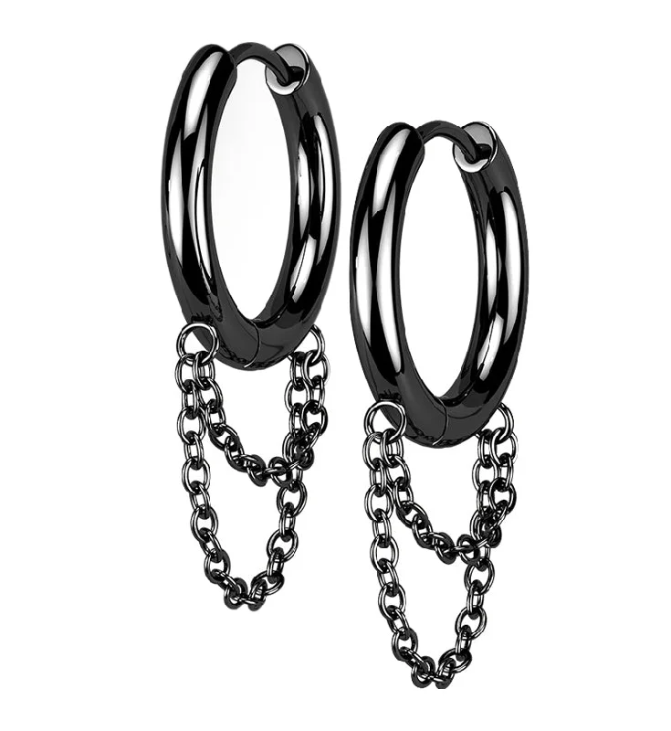 Best hoop earrings with matching bracelets for a coordinated jewelry set-Black PVD Dangle Chain Stainless Steel Hinged Earrings