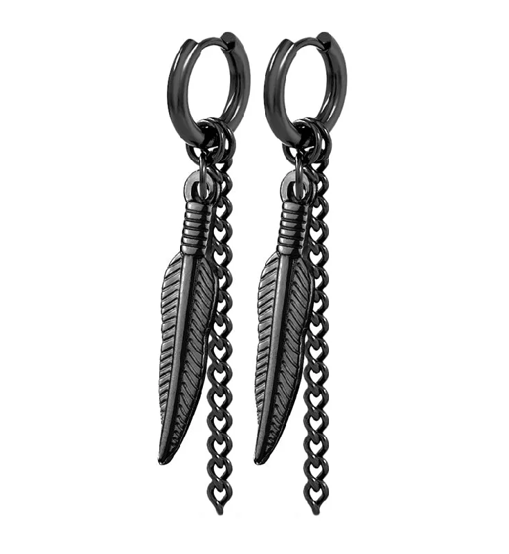 Hoop earrings with textured gold for a refined and sophisticated aesthetic-Black PVD Feather Dangle Earrings