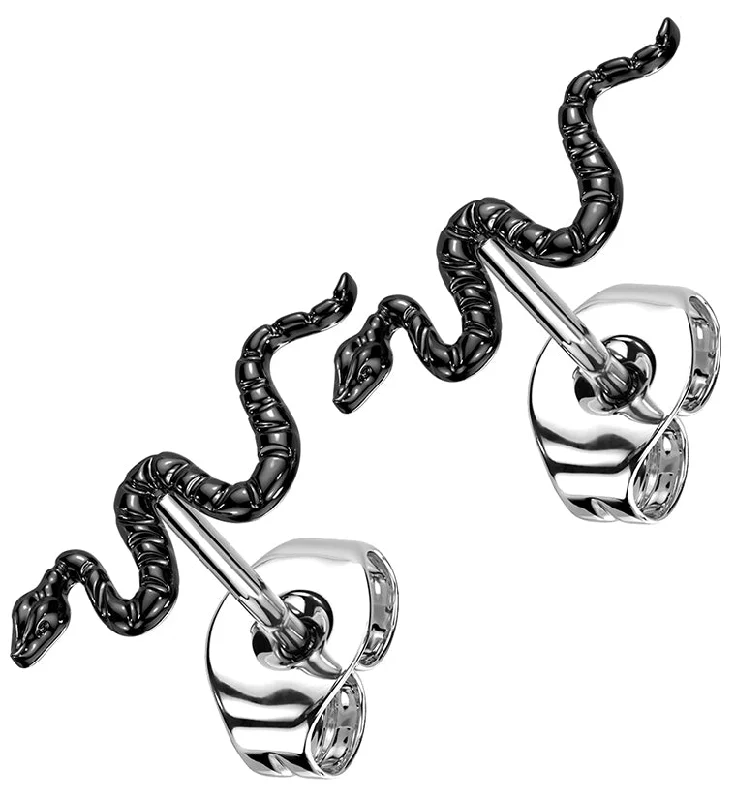 Hoop earrings with twisted metal designs for a dynamic and modern style-Black PVD Snake Titanium Threadless Earrings