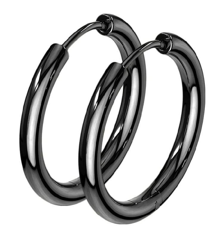 Hoop earrings with snake print designs for an edgy, wild appearance-Black PVD Stainless Steel Hinged Hoop Earrings