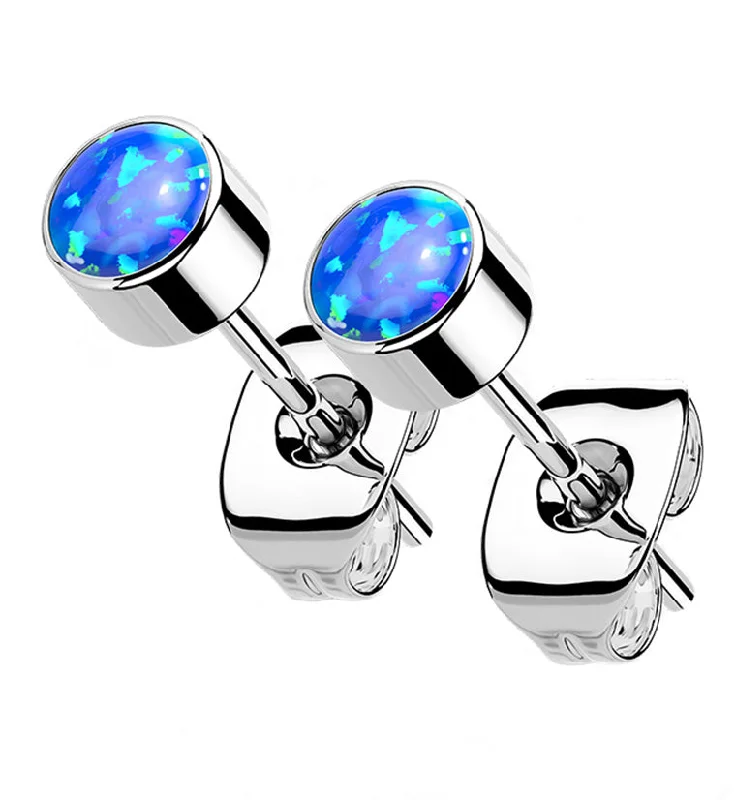 Hoop earrings with tortoiseshell designs for a chic and classic style-Blue Opal Titanium Bezel Earrings