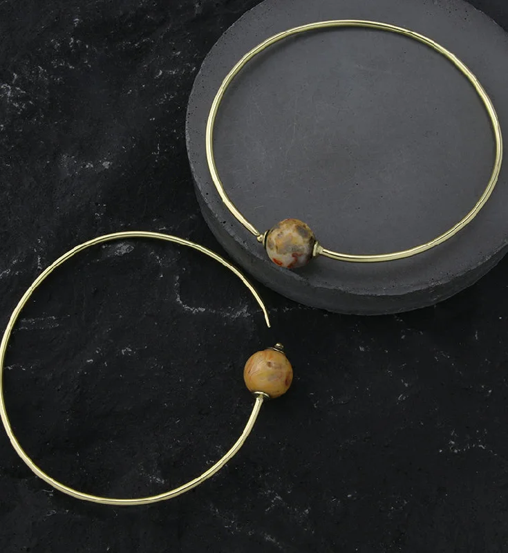 Classic hoop earrings with a thin profile for a sleek and subtle style-Crazy Lace Agate Stone Orb Brass Hangers / Plug Hoops