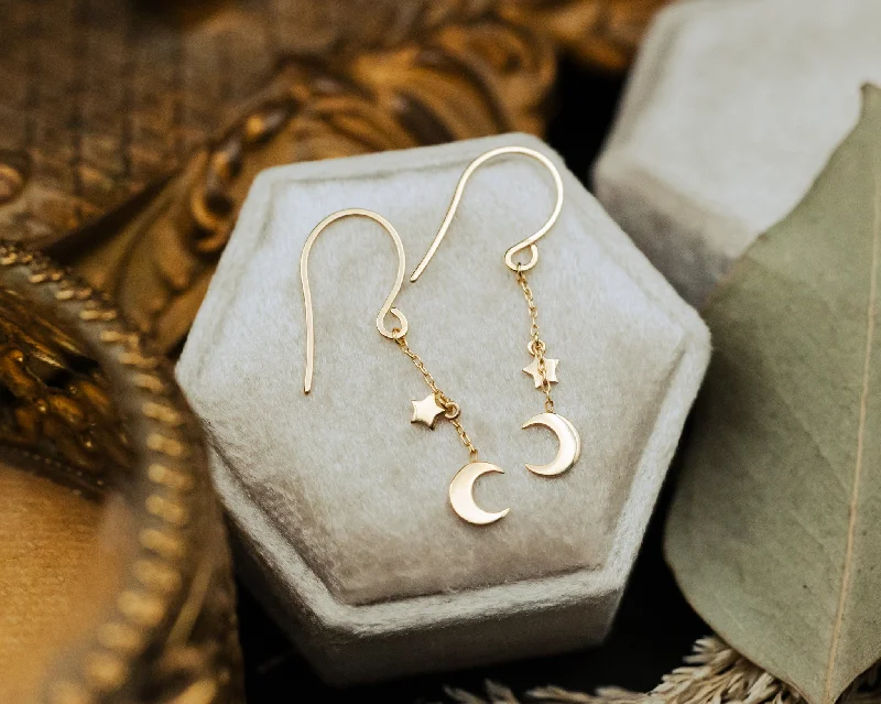 Hoop earrings with abstract wirework for an artistic, unique look-CRESCENT MOON & STAR DROP THREADER EARRINGS IN 14K YELLOW GOLD