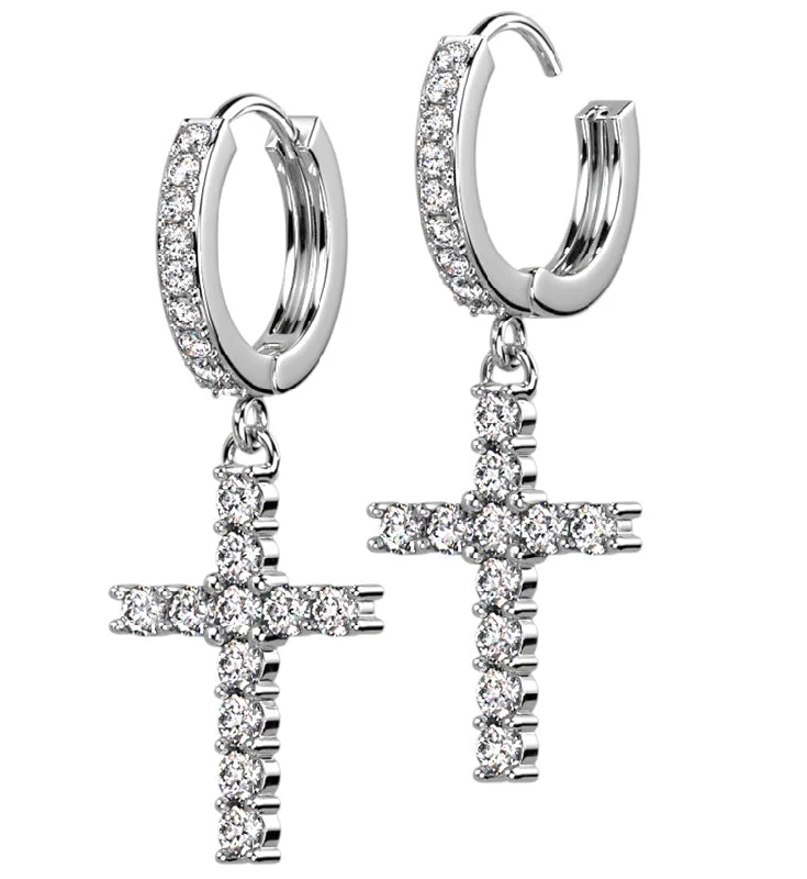 Best hoop earrings with geometric shapes for a modern and artistic appeal-Cross CZ Stainless Steel Hoop Earrings