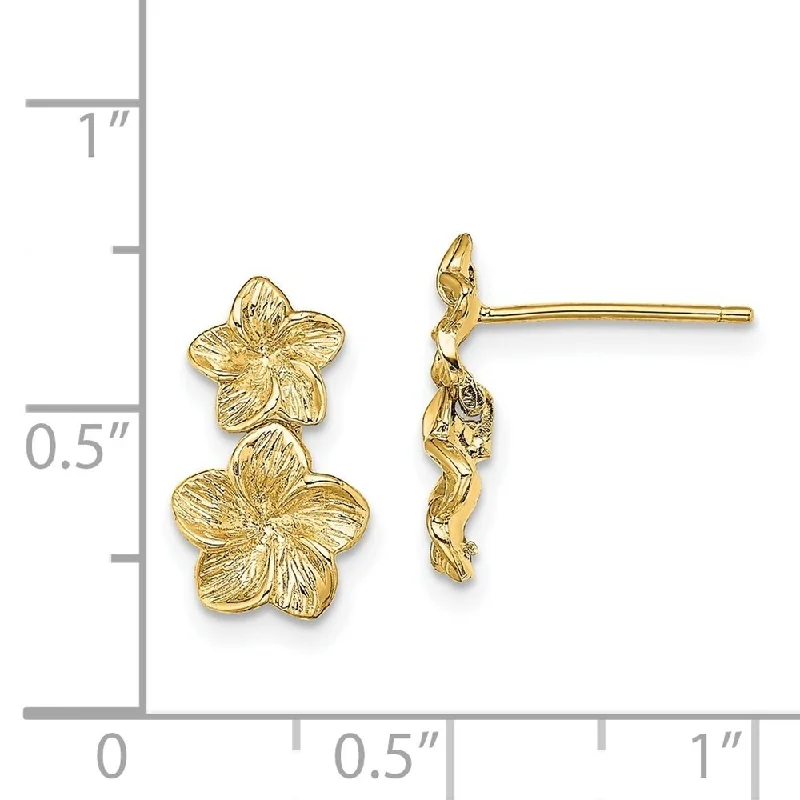 Best hoop earrings with baroque pearls for a luxurious and elegant vibe-Diamond2Deal 14K Yellow Gold Double Plumeria Flower Dangle Earrings (L-13.5 mm, W-8 mm)