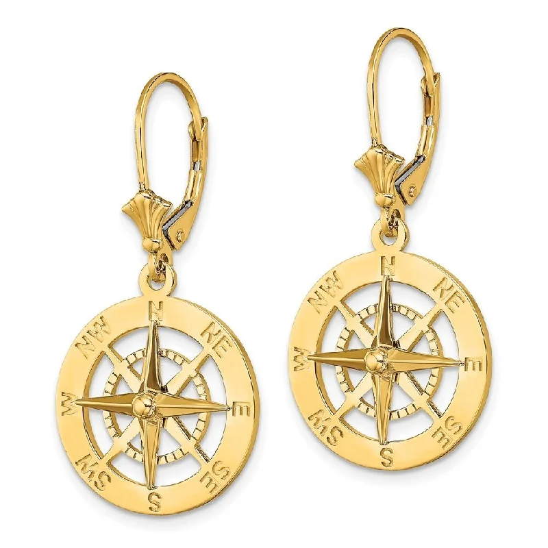 Best hoop earrings with vintage rhinestone embellishments for a retro-glam effect-Diamond2Deal 14K Yellow Gold Nautical Compass Leverback Dangle Earrings (L- 1.36 Inch)