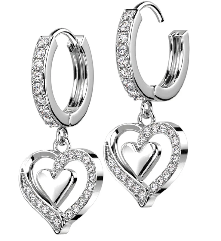 Hoop earrings with luxe velvet finishes for a rich and luxurious touch-Double Heart CZ Stainless Steel Hoop Earrings