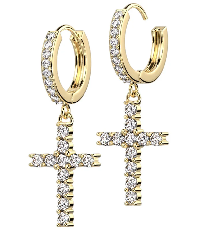 Hoop earrings with infinity loop designs for a continuous and eternal shape-Gold PVD Cross CZ Stainless Steel Hoop Earrings