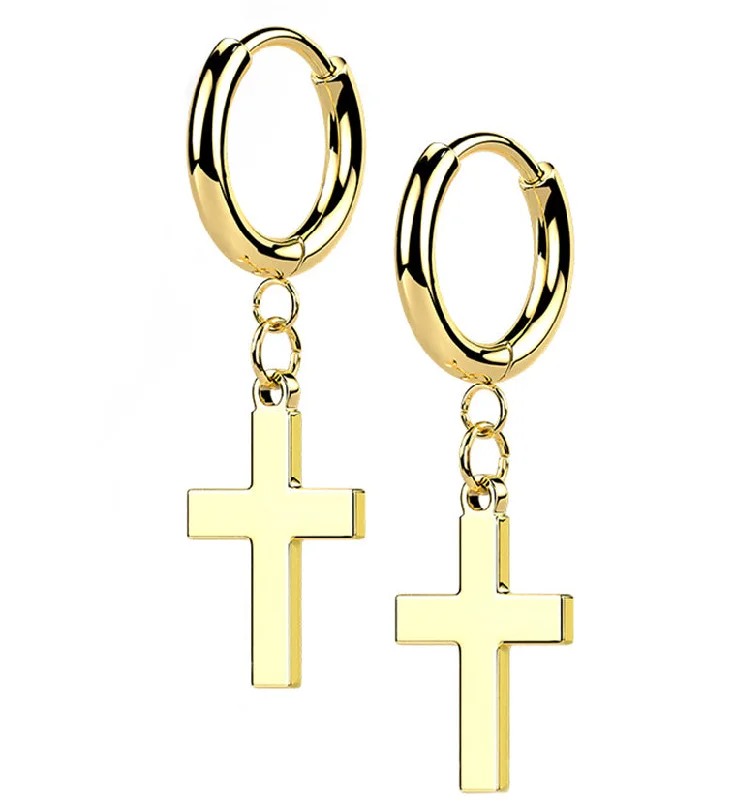 Hoop earrings with hearts for a sweet and romantic gesture-Gold PVD Cross Stainless Steel Hinged Earrings