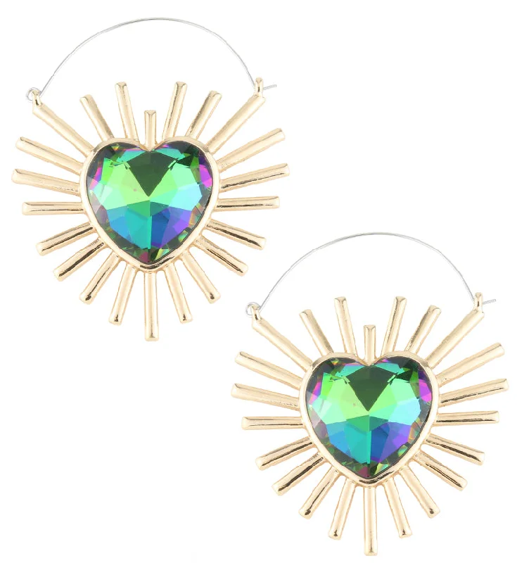 Hoop earrings with multi-tone finishes for a colorful and layered effect-Gold PVD Heart Rays Black Aurora CZ Stainless Steel Plug Hoops