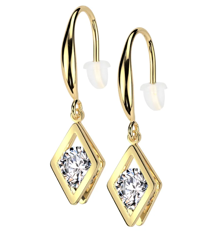 Best hoop earrings with cubic zirconia for a budget-friendly, dazzling look-Gold PVD Rhombus Clear CZ Dangle Stainless Steel Earrings