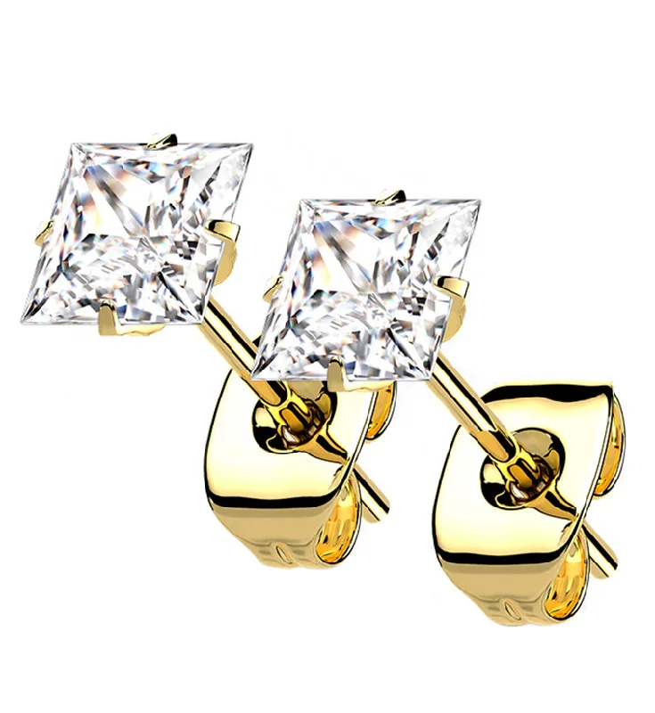 Hoop earrings with polished metal for a shiny and high-quality finish-Gold PVD Square Prong CZ Titanium Earrings