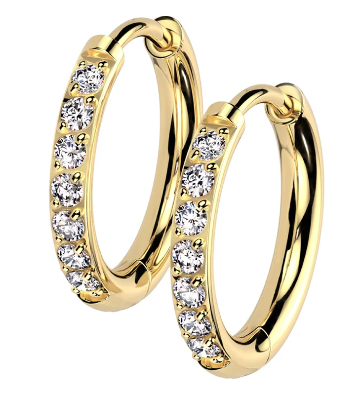 Best hoop earrings with custom designs for a personalized, unique accessory-Gold PVD Titanium Clear CZ Hinged Hoop Huggie Earrings