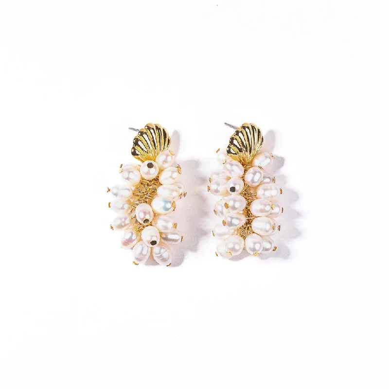 Hoop earrings with rhinestone embellishments for a glamorous and sparkling look-Gold Shell and White Pearl Clusters Drop Earring