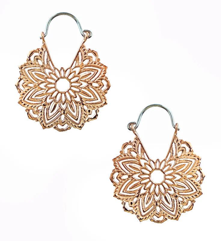 Best hoop earrings with gold-plated finishes for an affordable luxury vibe-Mini Mandala Rose Gold Brass Plug Hoops