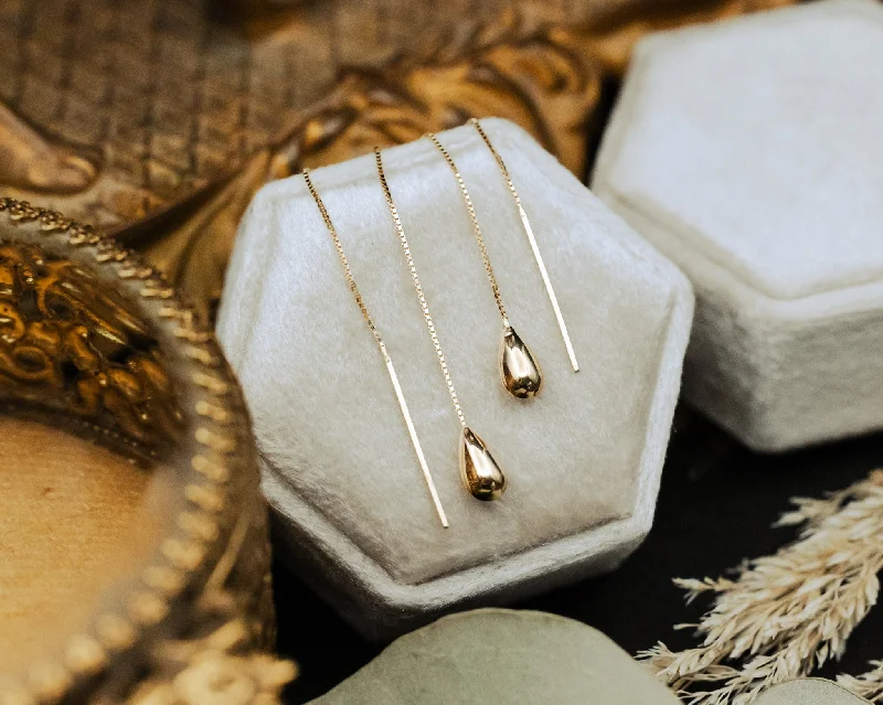 Hoop earrings with diamond-cut surfaces for added sparkle and shine-MINI TEARDROP THREADER EARRINGS IN 14K YELLOW GOLD