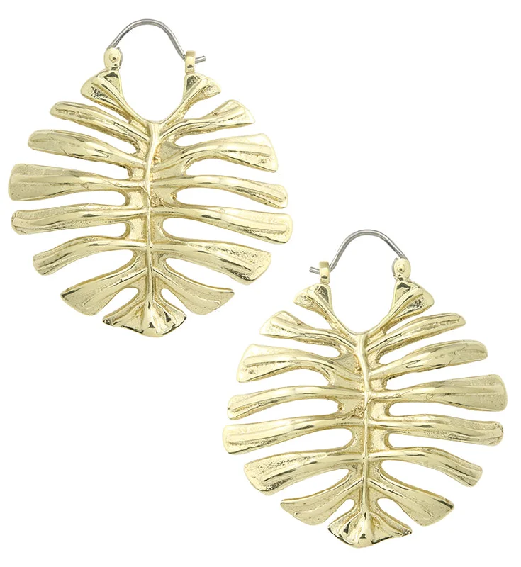 Hoop earrings with twisted leather for a chic and modern boho look-Monstera Deliciosa Leaf Brass Ear Weights / Earrings