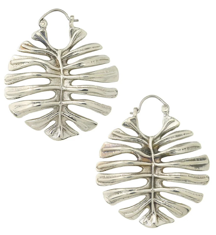 Best hoop earrings with matte finish for a sophisticated, understated design-Monstera Deliciosa Leaf White Brass Hangers / Earrings