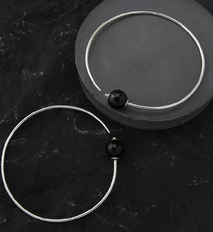 Hoop earrings with hammered textures for a boho-chic and rustic vibe-Onyx Stone Orb White Brass Hangers / Plug Hoops