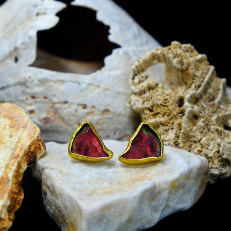 Hoop earrings with oversized pearl accents for a statement-making look-Watermelon Tourmaline Slice Earrings in Gold