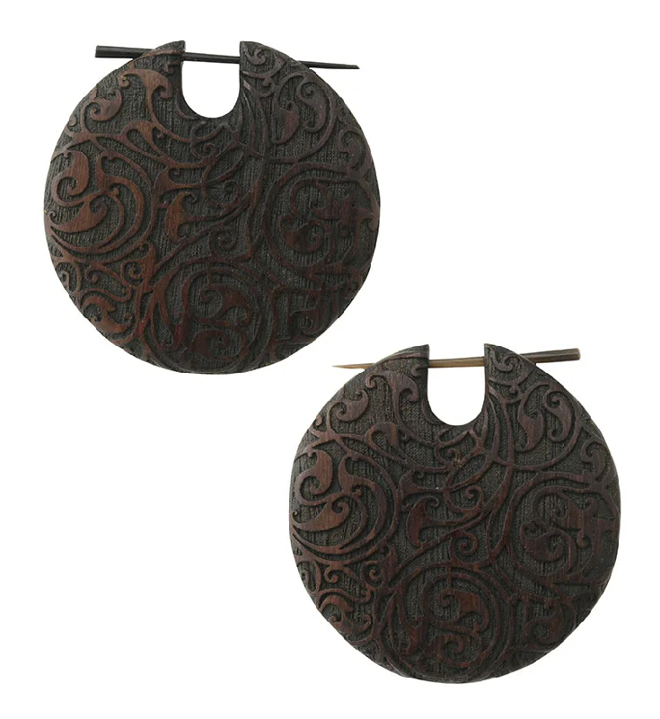 Best hoop earrings with custom designs for a personalized, unique accessory-Ornate Narra Wood Disk Earrings