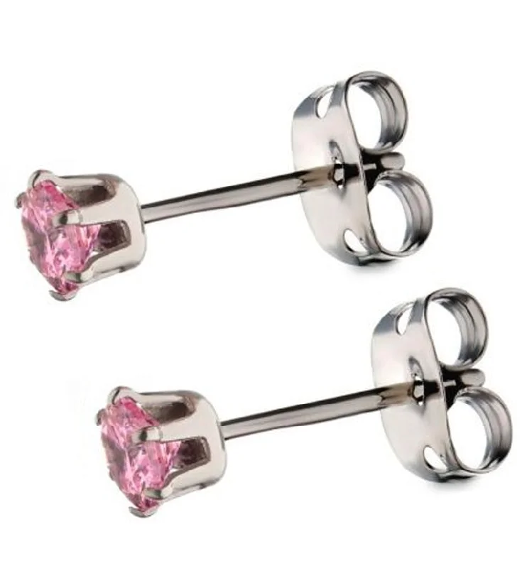 Hoop earrings with rhinestone embellishments for a glamorous and sparkling look-Pink CZ Prong Titanium Earrings